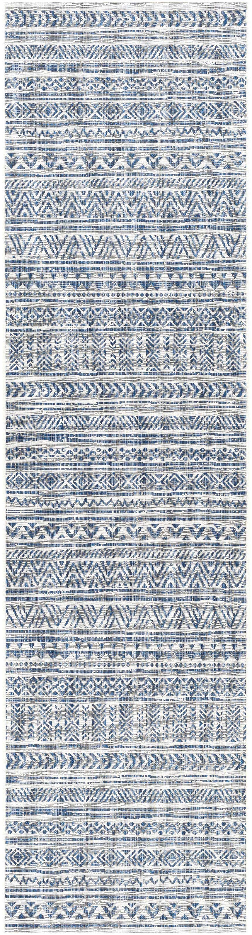 Close-up of the Novato Navy All Over Pattern Performance Rug featuring blue, navy, and white bohemian-inspired designs. Design-Runner-2710