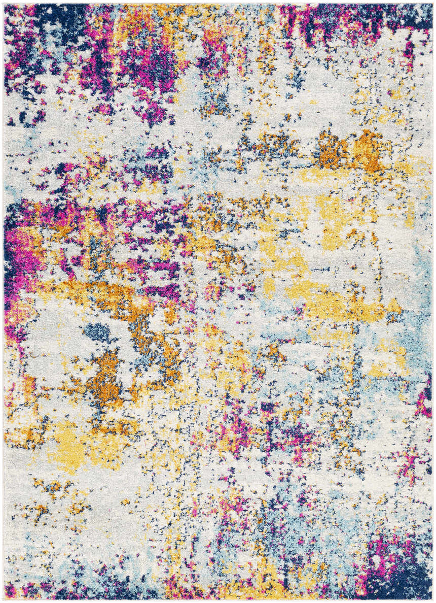 Close-up of the Fowlmere Area Rug, a colorful contemporary rug with aqua, pink, saffron, and burnt orange hues. Design-Rectangle-5373