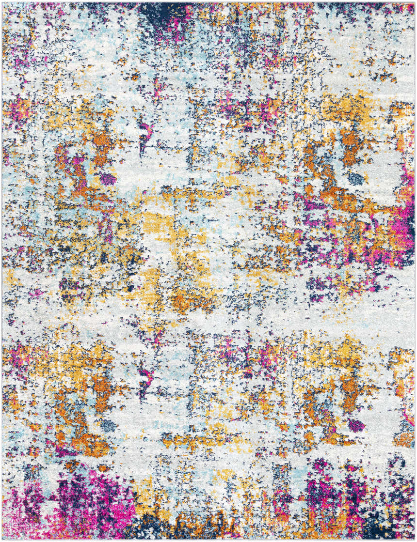 Close-up of the Fowlmere Area Rug featuring an abstract design in aqua, orange, pink, blue, saffron, and off-white. Design-Rectangle-710103