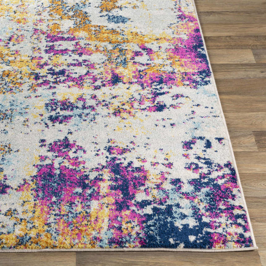 Close-up of the Fowlmere Area Rug. Abstract design with aqua, burnt orange, pink, saffron, and dark blue on an off-white base. Front