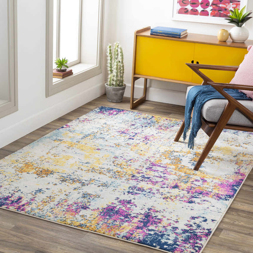 Bright living room with yellow cabinet and Fowlmere Area Rug in aqua, orange, pink, blue, and gray. Contemporary style. Roomscene-Rectangle