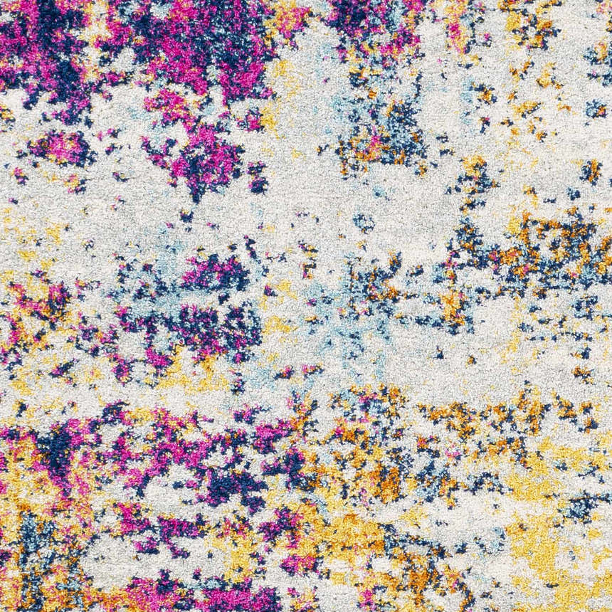 Close-up of the Fowlmere Area Rug, featuring an abstract design with aqua, pink, saffron, and dark blue on an off-white base. Swatch