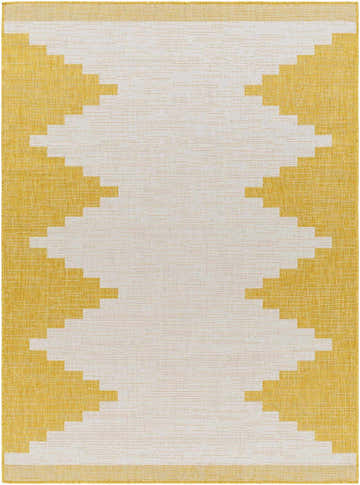 Close-up of Djugun Yellow Outdoor Rug. Geometric, Southwestern pattern in beige and yellow. Machine woven polypropylene rug. Design-Rectangle-5377