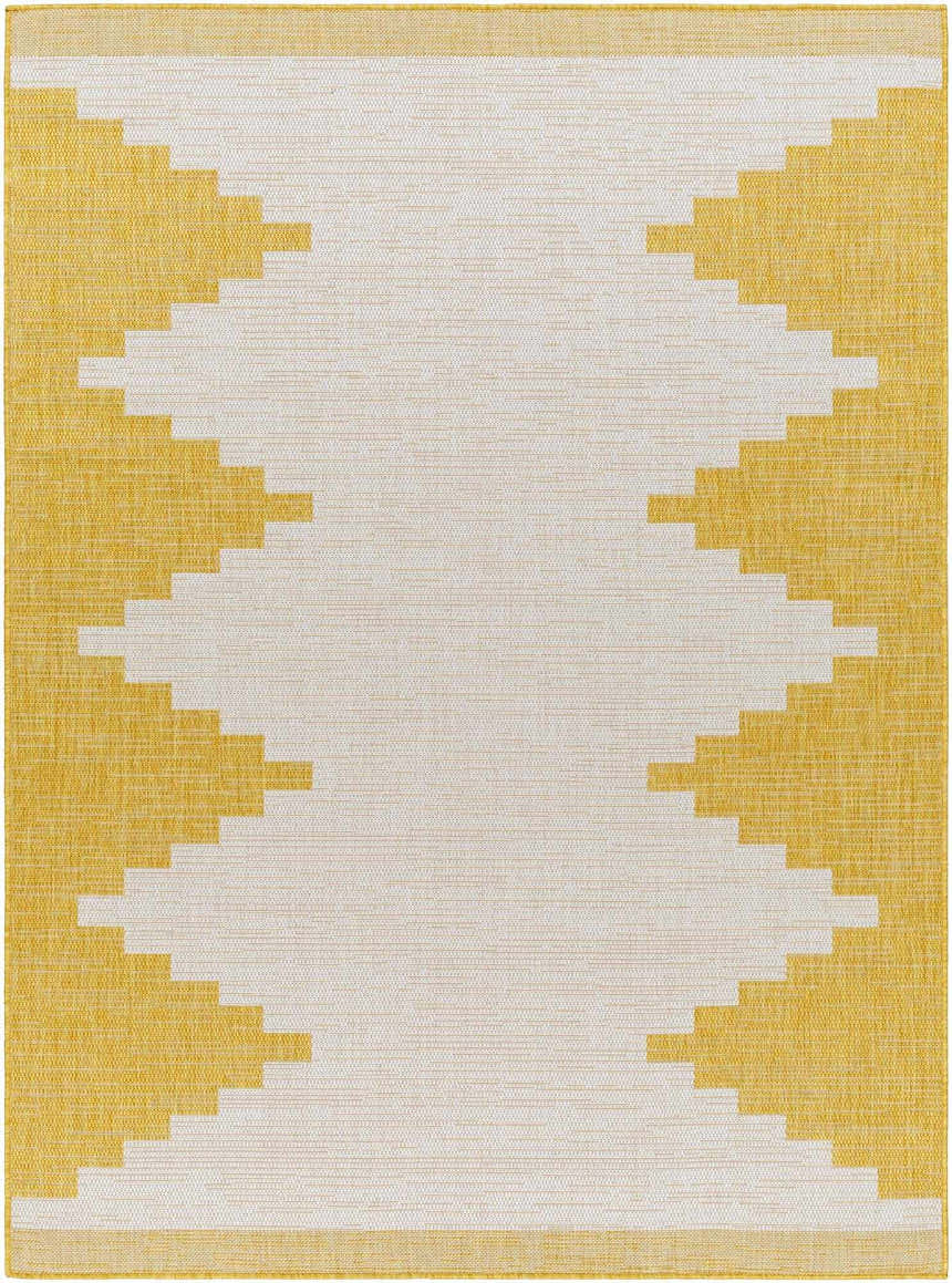 Close-up of Djugun Yellow Outdoor Rug. Geometric, Southwestern pattern in beige and yellow. Machine woven polypropylene rug. Design-Rectangle-5377