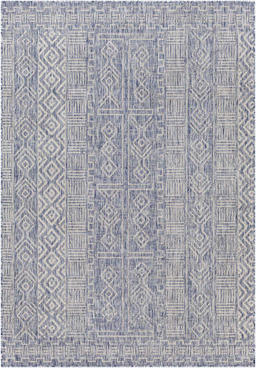 Close-up of Epson Blue Indoor Outdoor Rug featuring a geometric bohemian pattern in shades of blue, gray, and off-white. Design-Rectangle-5377