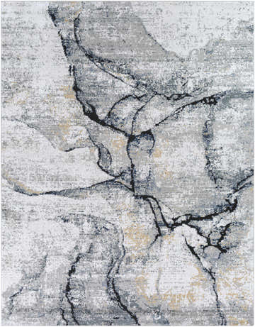 Close-up of the Fremantle Gray Marble Rug, a contemporary design with cream, gray, gold, and light blue marble-like pattern. Design-Rectangle-71010