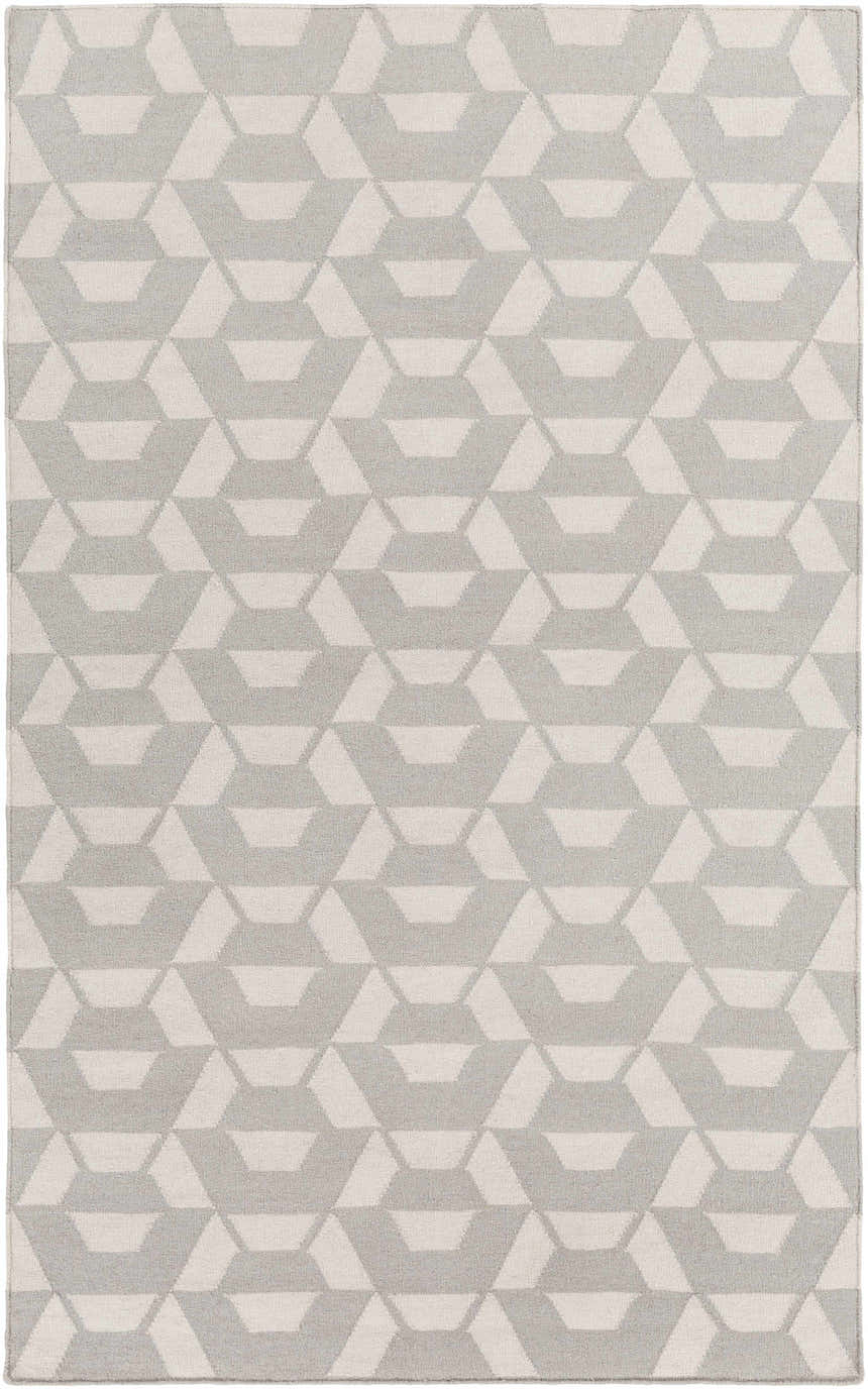 Close-up of the Frenchton Area Carpet. Light gray and medium gray geometric pattern. Hand-woven wool rug. Design-Rectangle-576