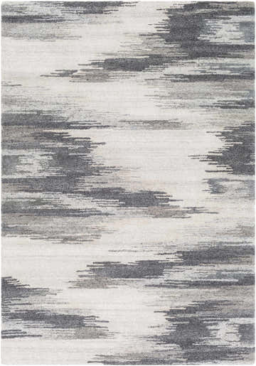 Close-up of the hand-tufted Farnhamville Area Carpet. Bohemian style rug with gray and white horizontal pattern. 80% wool texture. Design-Rectangle-576