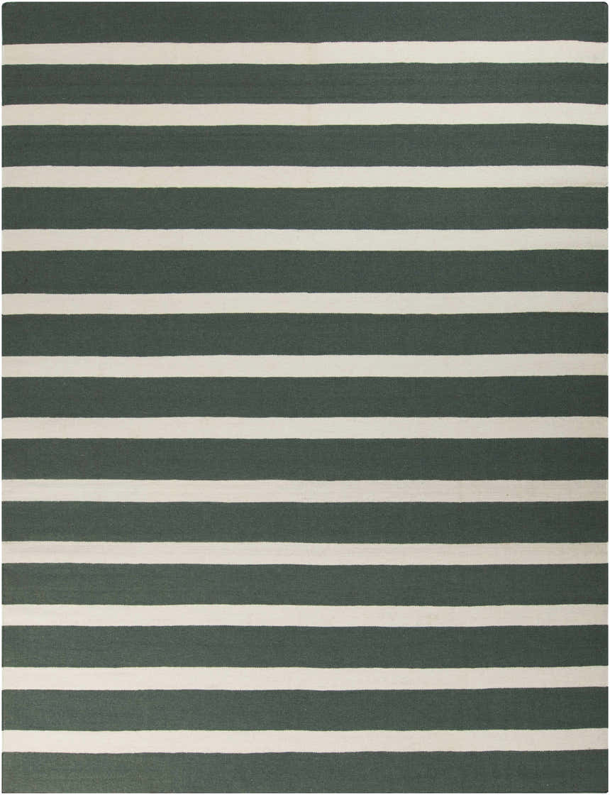 Close-up of the hand woven Galliano Area Carpet. Dark green and light beige horizontal stripes in a farmhouse style. Design-Rectangle