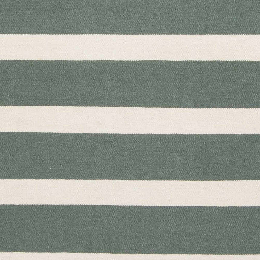 Close-up of the hand woven Galliano Area Carpet. Dark green and light beige stripes create a farmhouse style. Swatch