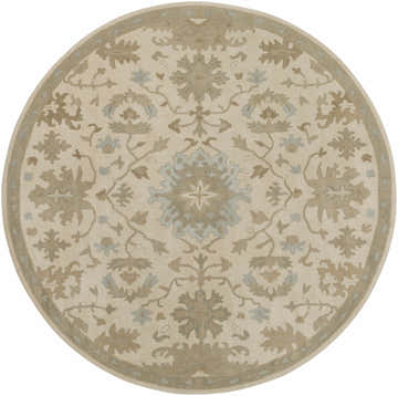 Close-up of the round Hazen 1197 rug. Hand-tufted wool rug in light beige with olive, pale blue, and peach floral design. Design-Round-8