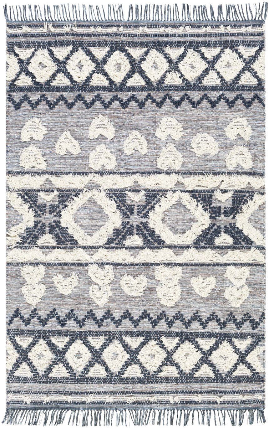 Close-up of Gakona High-Low Cream&Blue Wool Rug. Hand woven rug with bohemian diamond and geometric patterns. Tassels on each end. Design-Rectangle-576