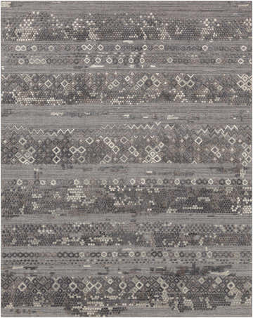 Close-up of Galchutt Embossed Gray Rug. Farmhouse style rug with charcoal, gray, and light gray geometric pattern. Viscose and wool texture. Design-Rectangle-69