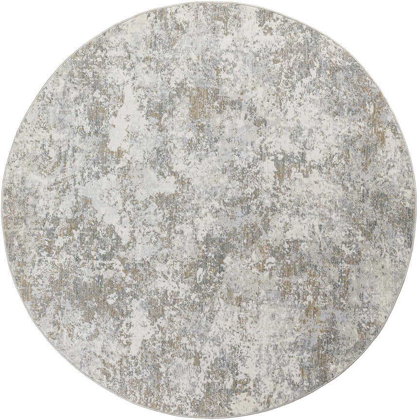 Close-up of a round Ganit Thick Luxe Boutique Rug with a beige, bone, and gray abstract pattern. Design-Round-53