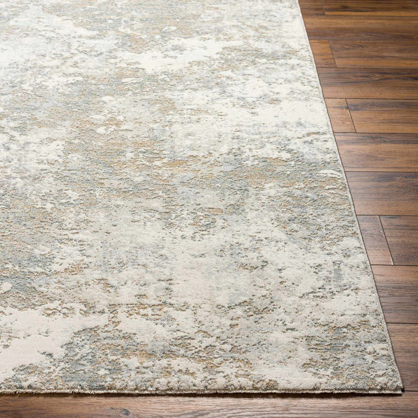 Close-up of the Ganit Thick Luxe Boutique Rug. Beige, bone, and gray abstract pattern on a plush, textured rug. Front