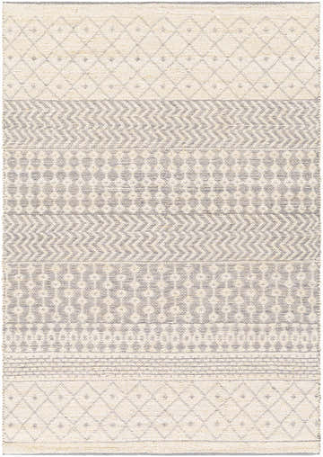 Close-up of the hand-woven Garbutt Area Carpet. Light beige and medium gray geometric patterns add texture and a bohemian vibe. Design-Rectangle-576