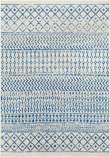 Close-up of the Gaura Area Rug featuring a geometric blue and white pattern. Design-Rectangle-5376