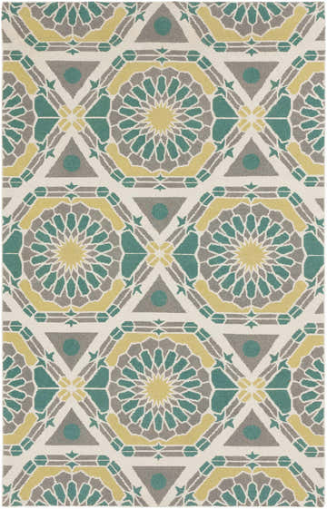 Close-up of Gaysville Area Carpet showing the ivory, teal, olive, and light olive geometric pattern. Hand-knotted wool rug. Design-Rectangle-58