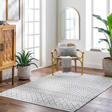 Bright entryway with a gray and white Genji Area Rug, wood cabinet, chair, and plants. Roomscene-Rectangle