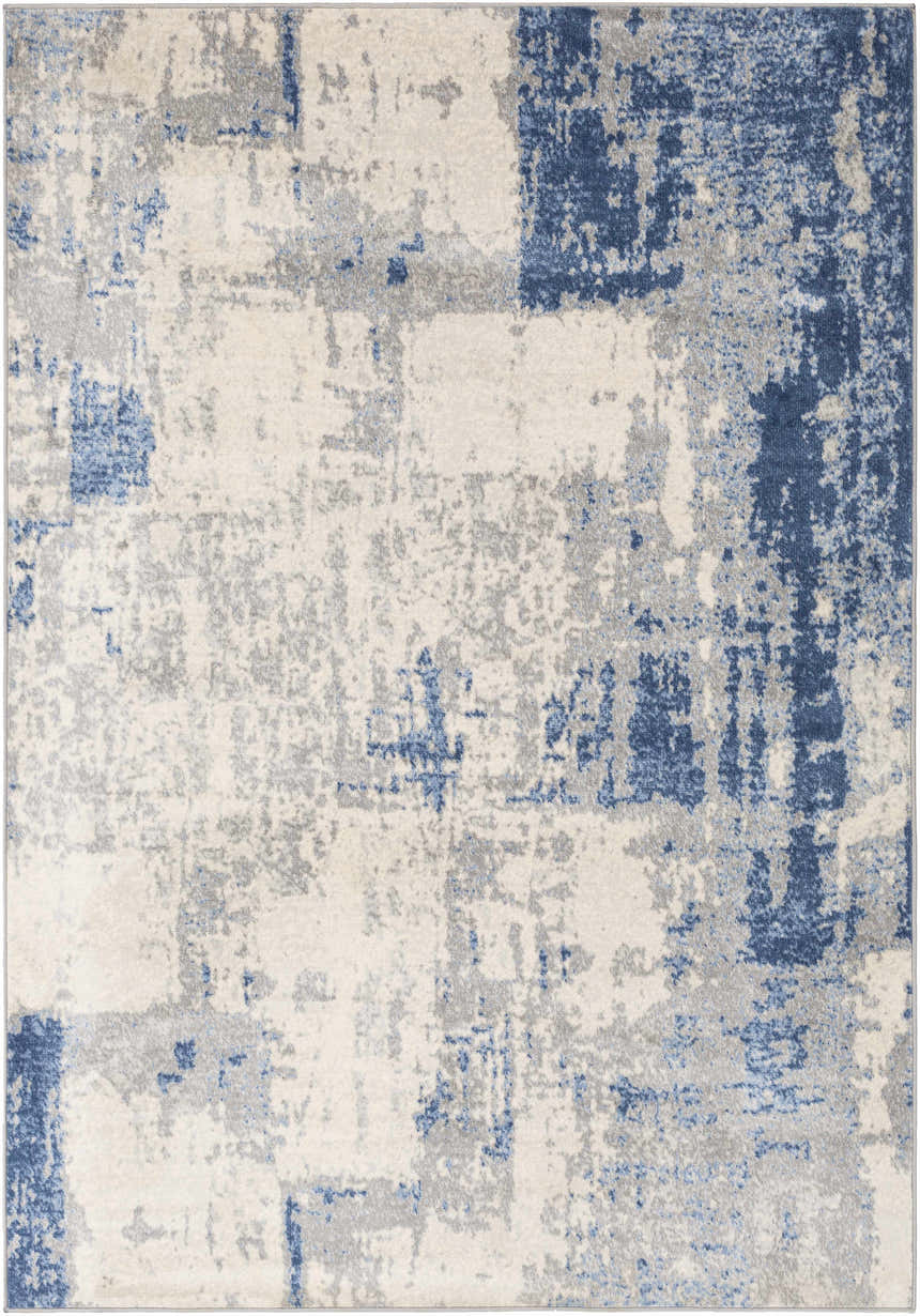 Close-up of Gerton Area Rug in denim, gray, and ivory. Contemporary abstract design, machine woven texture. Design-Rectangle-5373