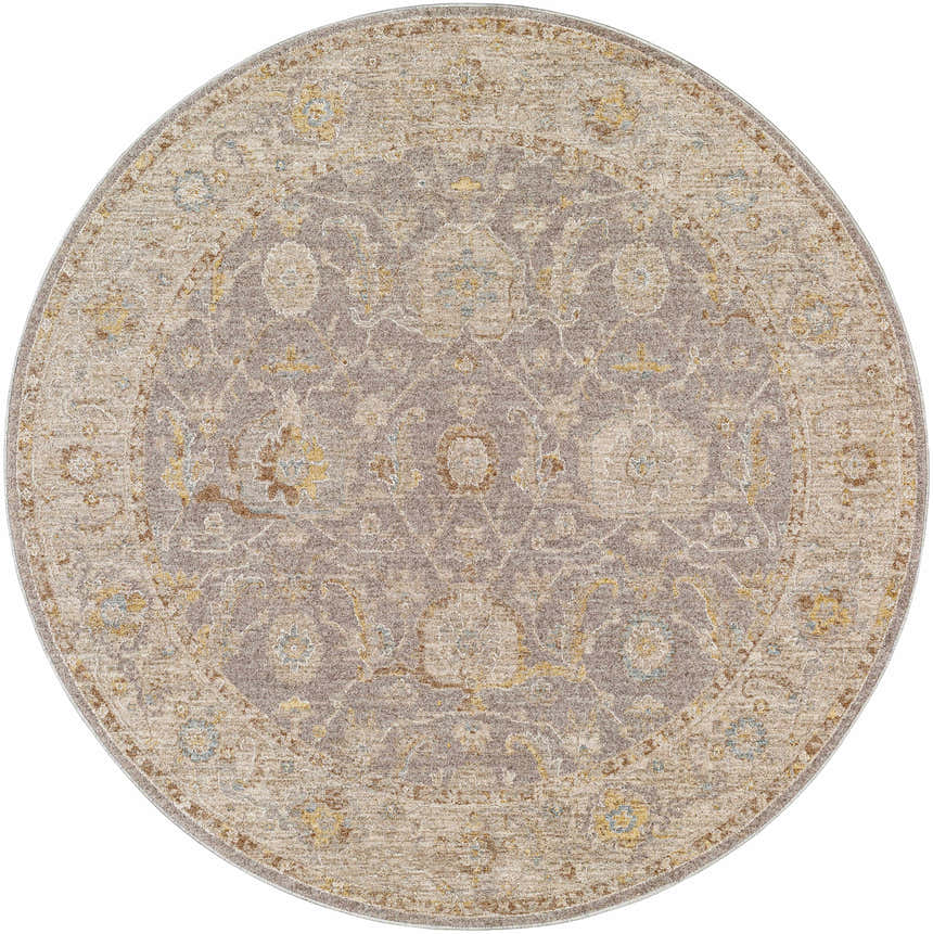 Round Giang Thick Luxe Area Rug in beige, brown, gray, and yellow with a traditional floral pattern. Design-Round-53