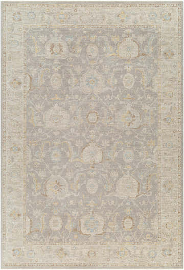 Close-up of the Giang Thick Luxe Area Rug in beige and gray, featuring a traditional floral pattern and subtle texture. Design-Rectangle-6796