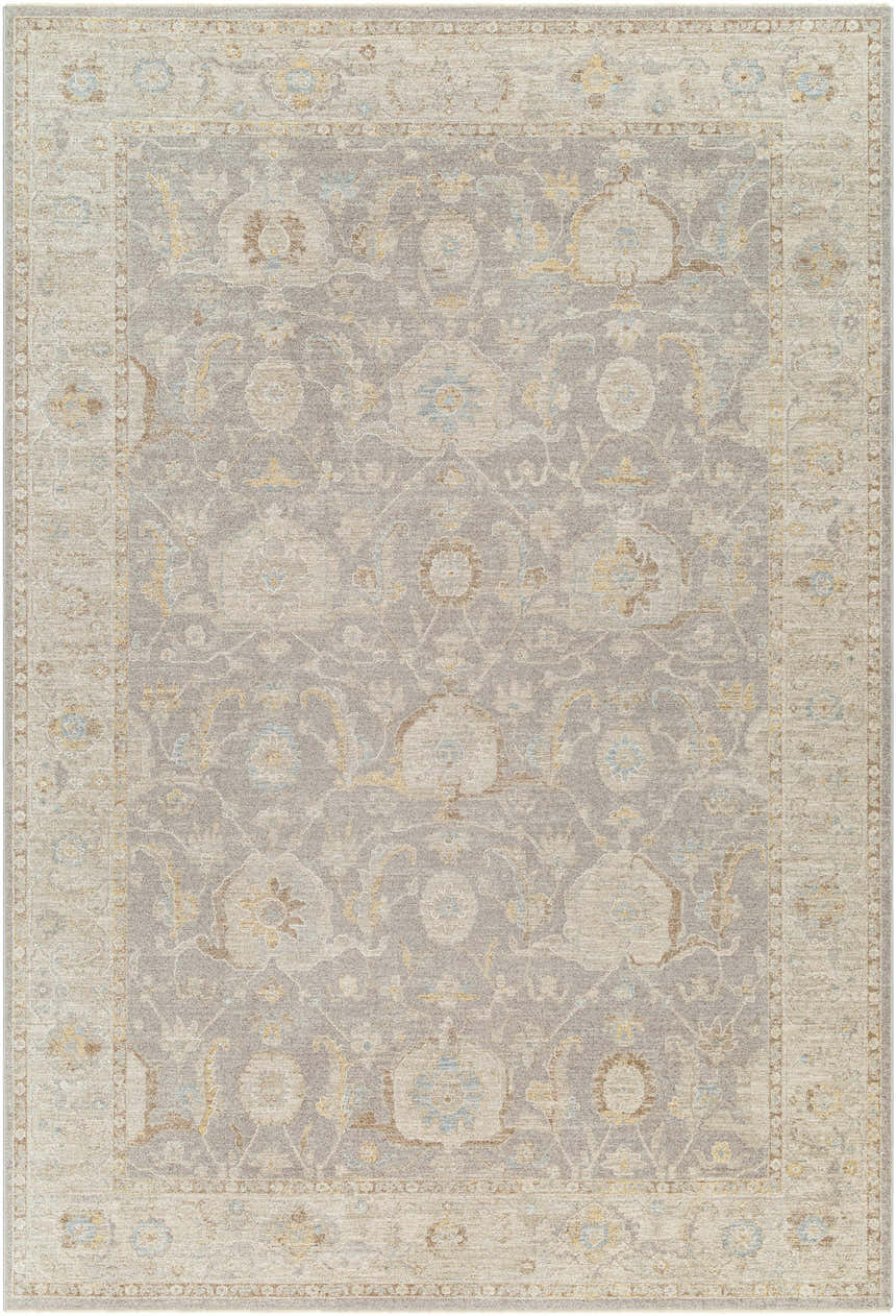 Close-up of the Giang Thick Luxe Area Rug in beige and gray, featuring a traditional floral pattern and subtle texture. Design-Rectangle-6796