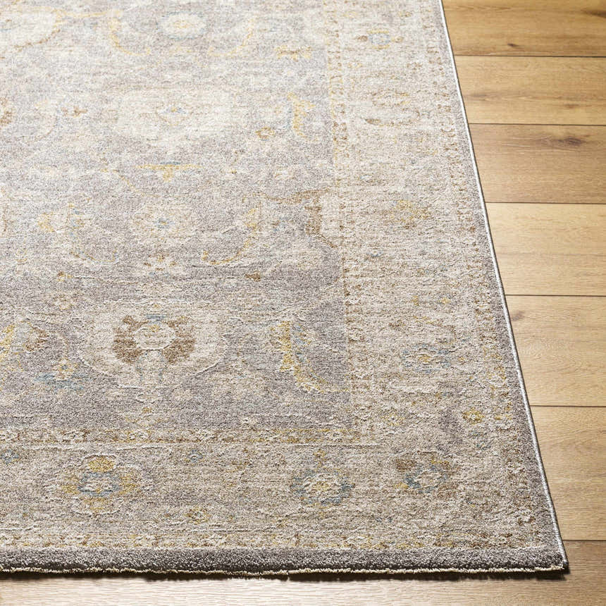 Close-up of Giang Thick Luxe Area Rug in Beachhouse. Beige, gray, and brown traditional rug on wood floor. Front