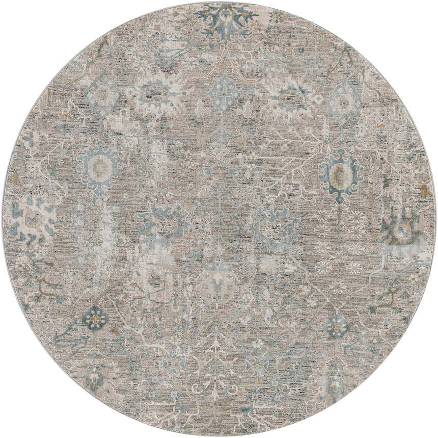 Close-up of round Gilmanton Thick Luxe Boutique Rug. Features a traditional floral pattern in dusty sage, gray, and beige tones. Design-Round-53
