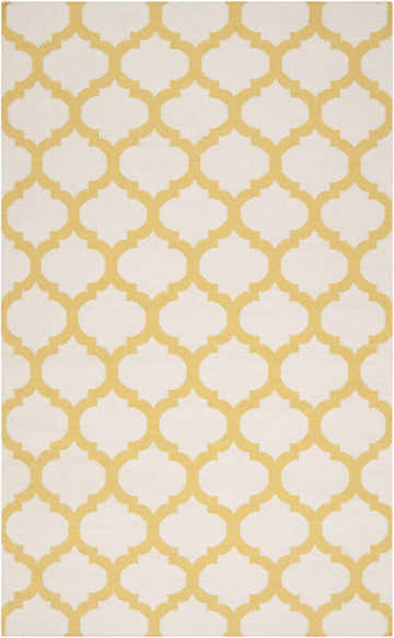 Close-up of the Gilroy Wool Area Rug. Light beige rug with a mustard quatrefoil pattern. Hand woven wool texture. Design-Rectangle-58