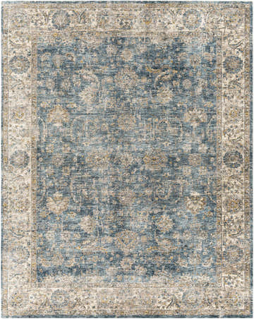 Close-up of the Gimli Oriental Blue Area Rug featuring a traditional floral pattern and distressed texture. Design-Rectangle-710103