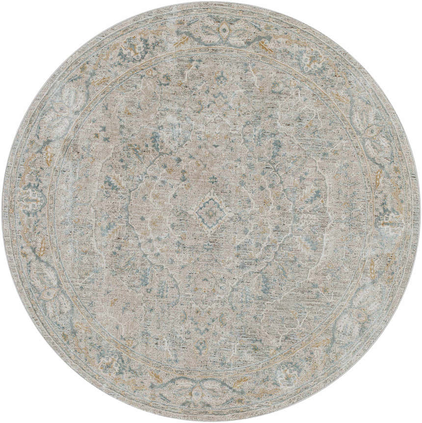 Close-up of a round Glengarry Thick Luxe Boutique Rug. Features a vintage-inspired design in dusty sage, beige, and gray tones. Design-Round-53