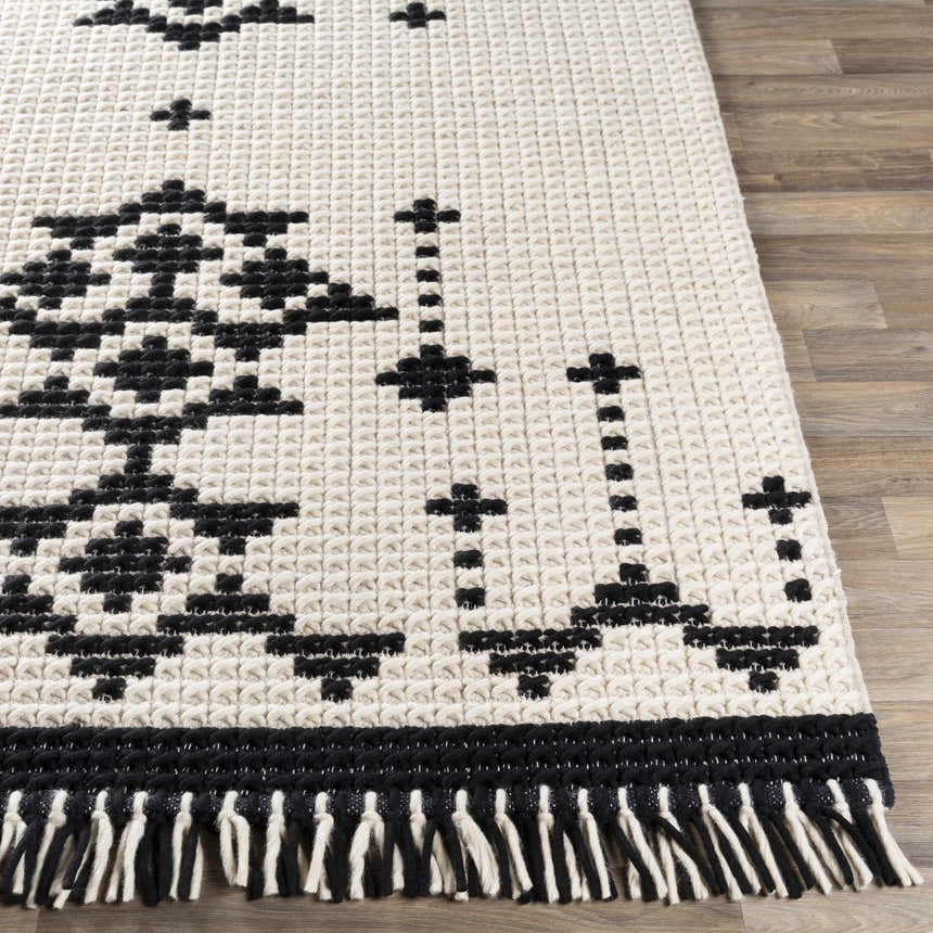 Close-up of Glenorie Area Rug, a hand-woven wool rug in cream and black with a geometric pattern and fringe. Front