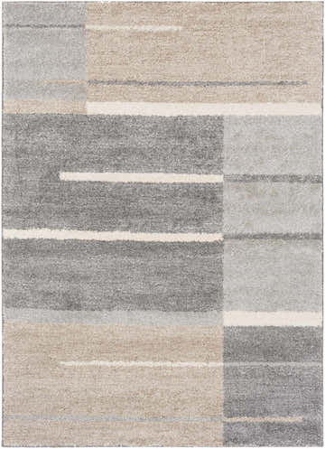 Close-up of Glouster Taupe&Gray Lined Area Rug. Contemporary design with gray, taupe, and off-white stripes and blocks. Design-Rectangle-576