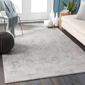 Living room scene with a stylish Michie Gray Area Rug, white sofa, and modern decor. Roomscene-Rectangle
