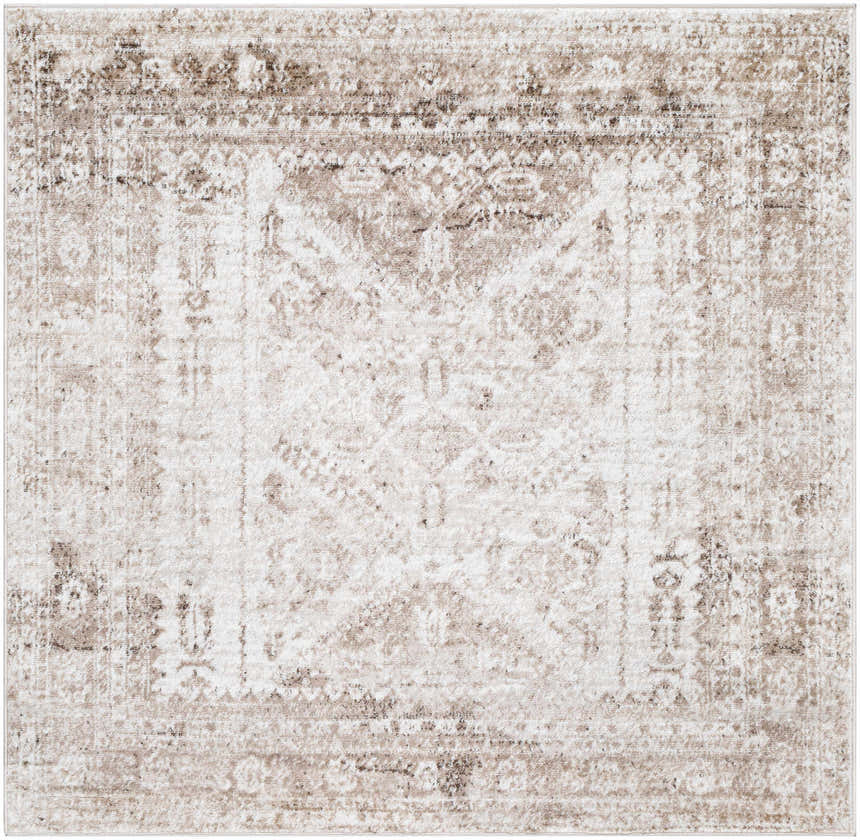 Close-up of the Gali Area Rug, showcasing its traditional pattern and faded driftwood, cream, and light brown colors. Design-Square-53