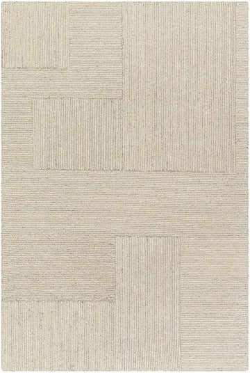 Close-up of the Gunda Area Rug. Beige wool rug with a subtle geometric pattern and hand-tufted texture. Design-Rectangle-576
