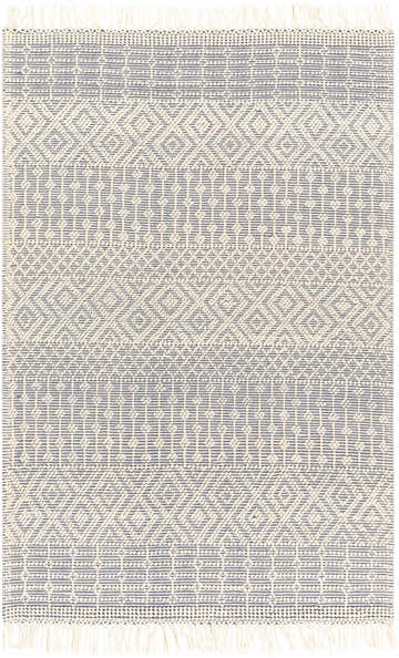 Close-up of the Gina Area Rug. Hand-woven geometric pattern in dark gray and light peach with fringe. Design-Rectangle-576