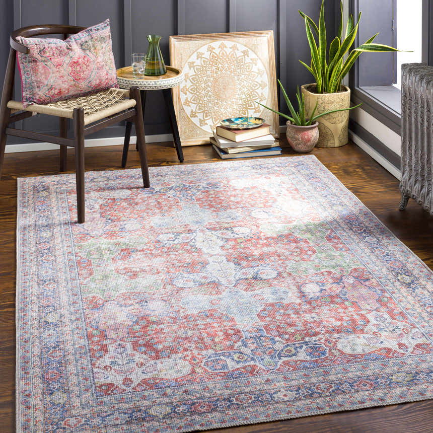 Living room scene with a Rust Goma Vintage Area Rug, chair, plants, and vintage decor. Bohemian style. Roomscene-Rectangle
