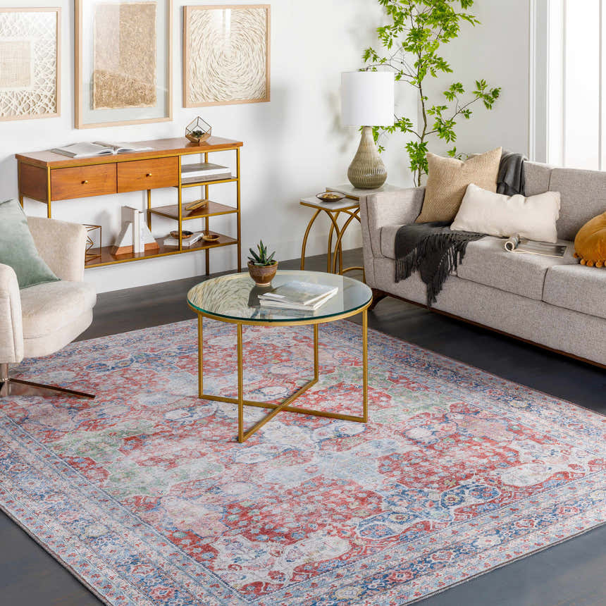 Living room scene with a Rust Goma Vintage Area Rug, sofa, chair, and gold accents. Blush, red, and blue tones create a warm vibe. Roomscene-Rectangle
