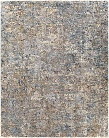 Close-up of the Gorokan Area Rug. Abstract pattern in cream, dark blue, brown, gray, and mustard. Machine woven polyester rug. Design-Rectangle-710103