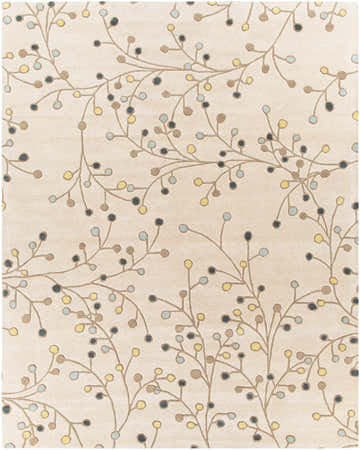 Close-up of the Beige Elsu Wool Rug featuring a delicate floral pattern in brown, blue, and yellow on a light beige background. Design-Rectangle-7696
