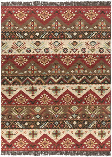 Close-up of the Grimsby Wool Area Rug. Features a bohemian, Southwestern-inspired design with burgundy, brown, and beige tones. Design-Rectangle-811
