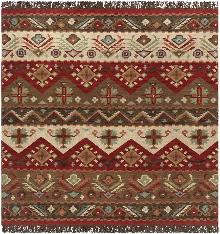 Close-up of the Grimsby Wool Area Rug showing its bohemian-inspired geometric pattern and rich burgundy, brown, and beige hues. Design-Square-8