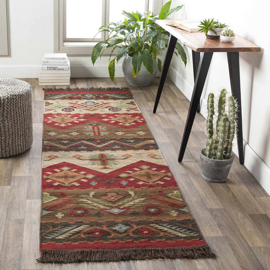 Entryway with Grimsby Wool Area Rug runner, wood floors, desk, plants, and gray knit pouf. Southwestern style. Roomscene-Runner