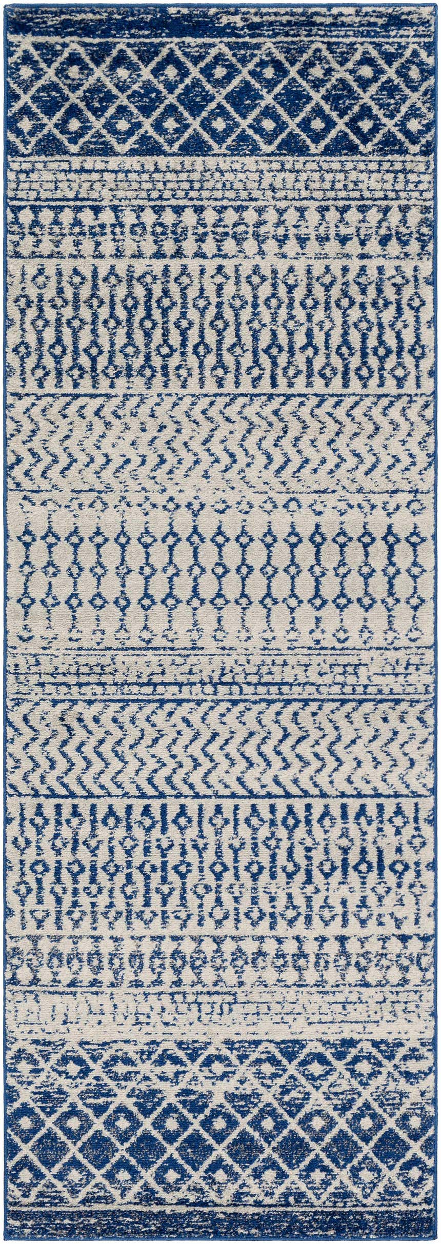 Close-up of the Constantin Blue Area Rug featuring a bohemian-inspired geometric pattern in blue, gray, and white. Design-Runner-2776
