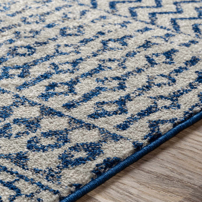 Close-up of the Constantin Blue Area Rug showing its blue, gray, and white bohemian pattern and texture. Pile