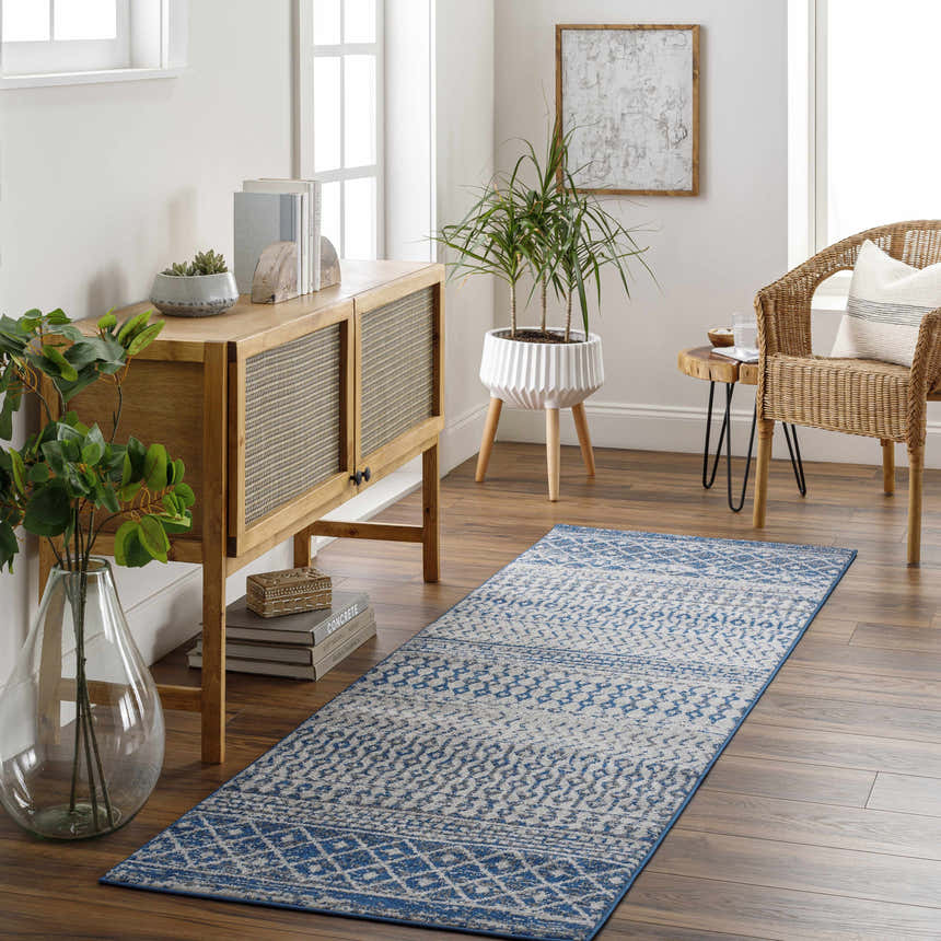 Entryway with Constantin Blue Area Rug, wood console table, wicker chair, plants, and light hardwood floors. Roomscene-Runner
