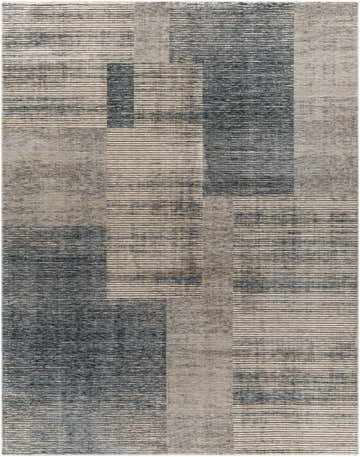 Close-up of the Grapeview Luxe Fringe Rug. Features a geometric pattern in cream, gray, light beige, and teal. Design-Rectangle-710103