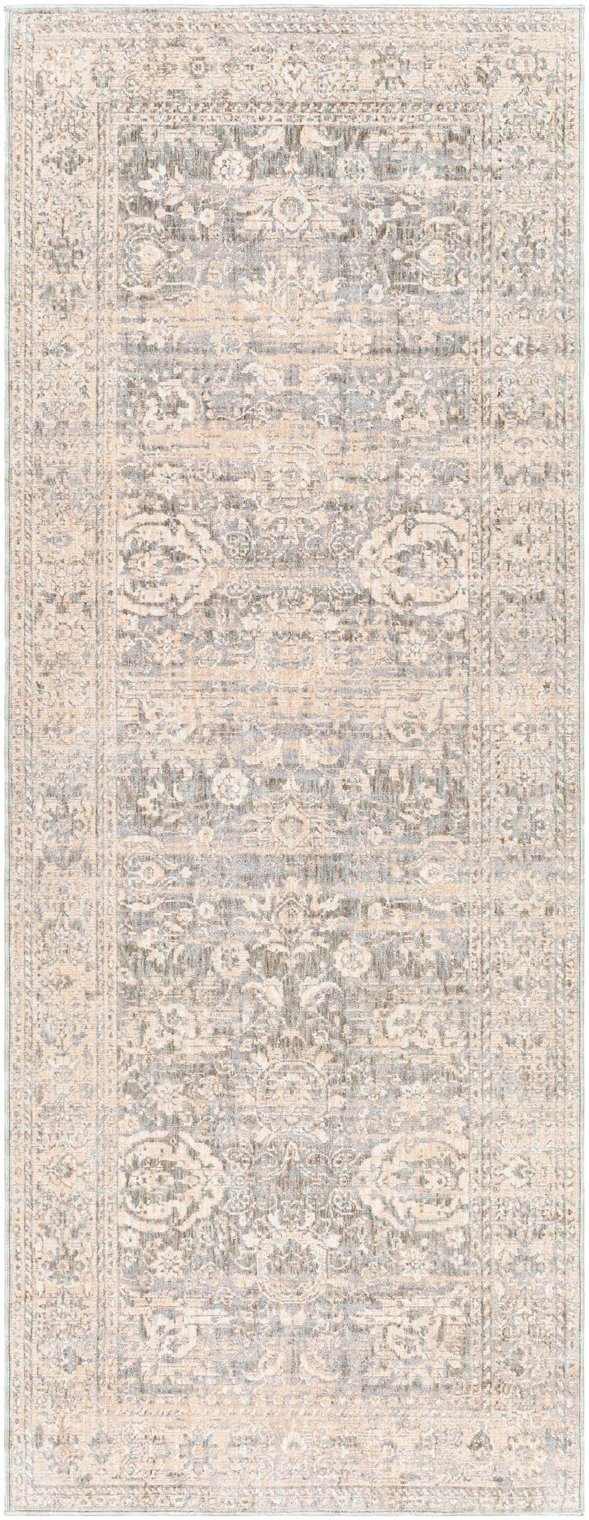 Close-up of the Guiwanon Area Rug, a cream, gray, and peach farmhouse style rug with a traditional, machine-woven pattern. Design-Runner-338
